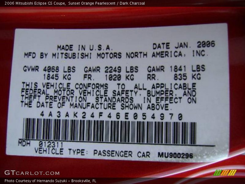 Sunset Orange Pearlescent / Dark Charcoal 2006 Mitsubishi Eclipse GS Coupe