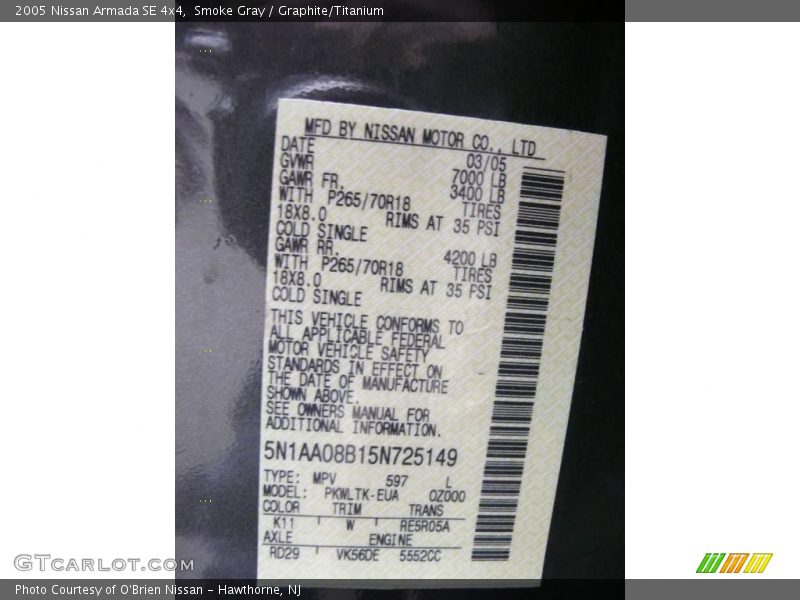 Smoke Gray / Graphite/Titanium 2005 Nissan Armada SE 4x4