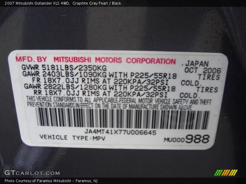 Graphite Gray Pearl / Black 2007 Mitsubishi Outlander XLS 4WD