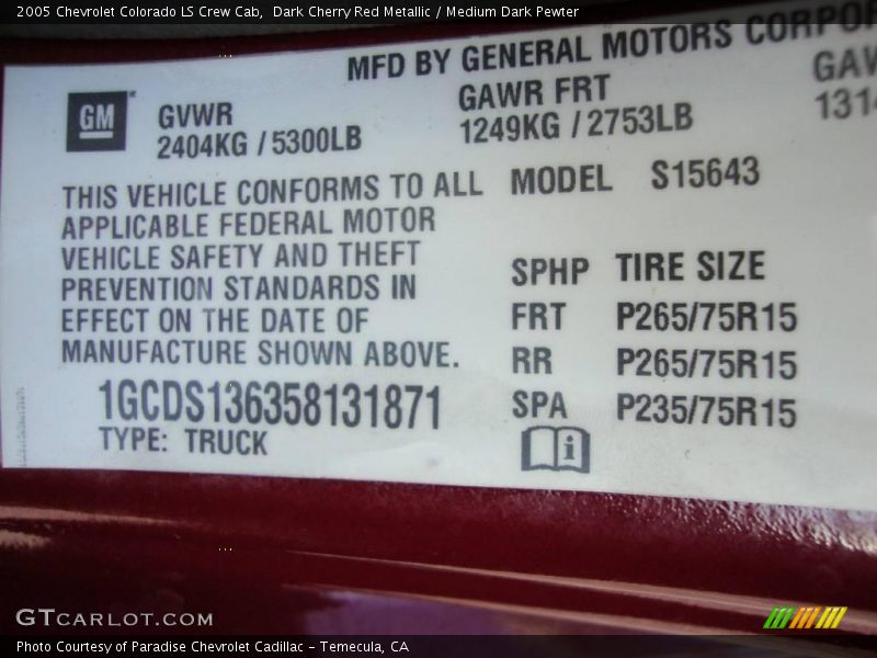 Dark Cherry Red Metallic / Medium Dark Pewter 2005 Chevrolet Colorado LS Crew Cab