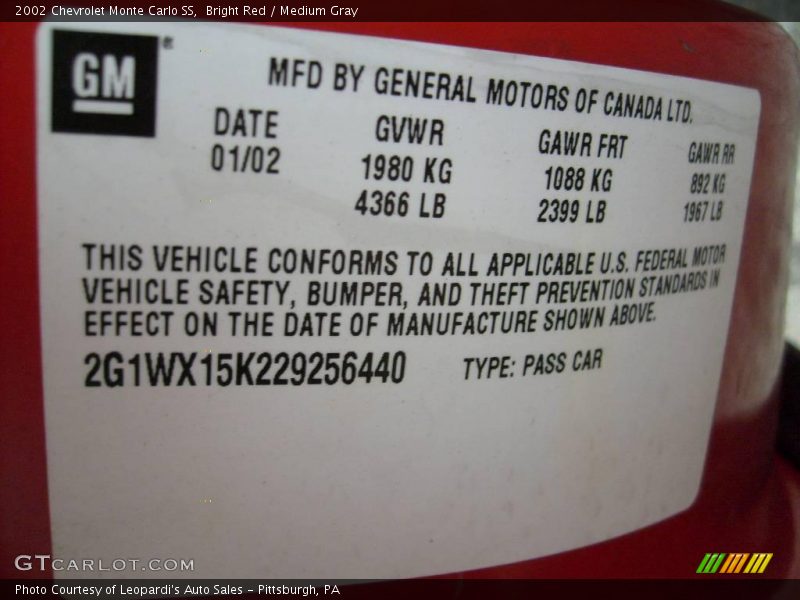 Bright Red / Medium Gray 2002 Chevrolet Monte Carlo SS