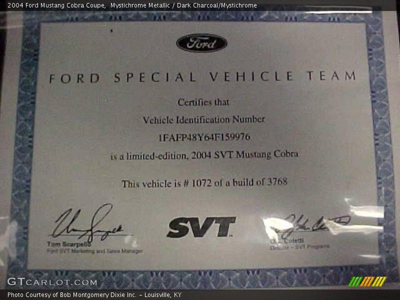 Info Tag of 2004 Mustang Cobra Coupe