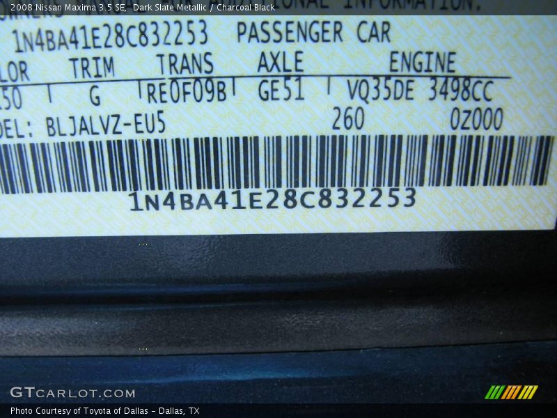 Dark Slate Metallic / Charcoal Black 2008 Nissan Maxima 3.5 SE