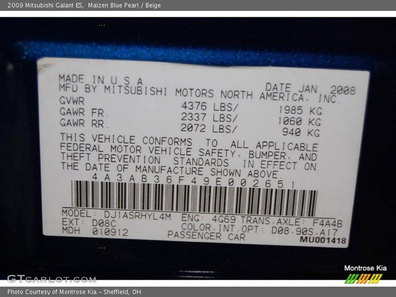 Maizen Blue Pearl / Beige 2009 Mitsubishi Galant ES