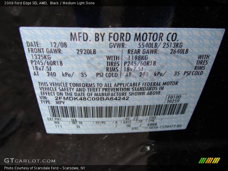 Black / Medium Light Stone 2009 Ford Edge SEL AWD
