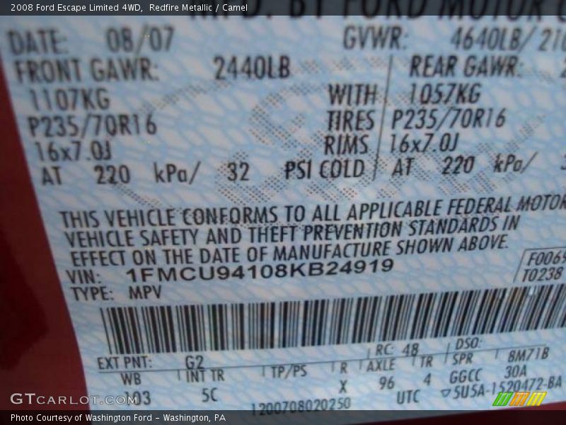 Redfire Metallic / Camel 2008 Ford Escape Limited 4WD