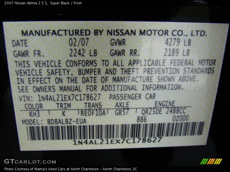 Super Black / Frost 2007 Nissan Altima 2.5 S