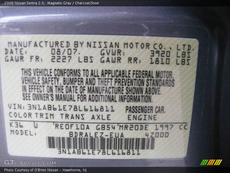Magnetic Gray / Charcoal/Steel 2008 Nissan Sentra 2.0