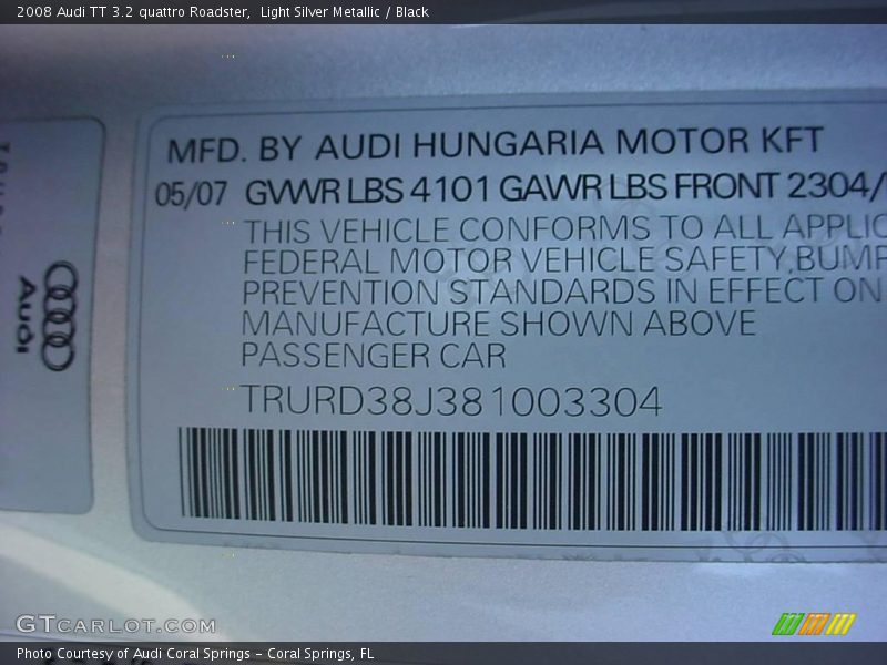 Light Silver Metallic / Black 2008 Audi TT 3.2 quattro Roadster