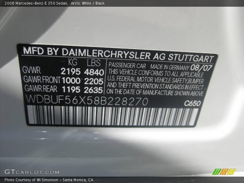 Arctic White / Black 2008 Mercedes-Benz E 350 Sedan