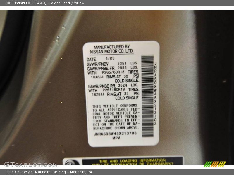Golden Sand / Willow 2005 Infiniti FX 35 AWD