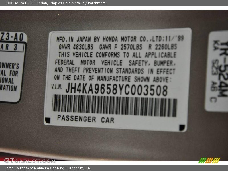 Naples Gold Metallic / Parchment 2000 Acura RL 3.5 Sedan
