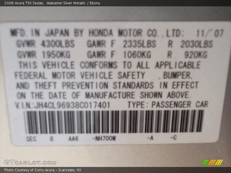 Alabaster Silver Metallic / Ebony 2008 Acura TSX Sedan