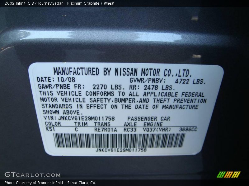 Platinum Graphite / Wheat 2009 Infiniti G 37 Journey Sedan