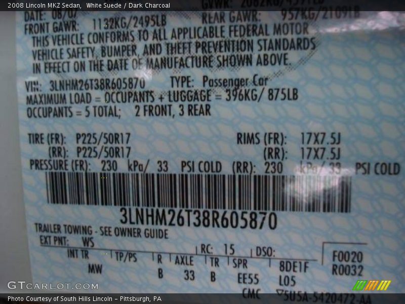 White Suede / Dark Charcoal 2008 Lincoln MKZ Sedan