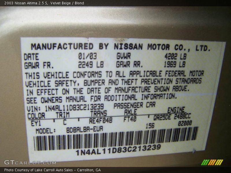 Velvet Beige / Blond 2003 Nissan Altima 2.5 S
