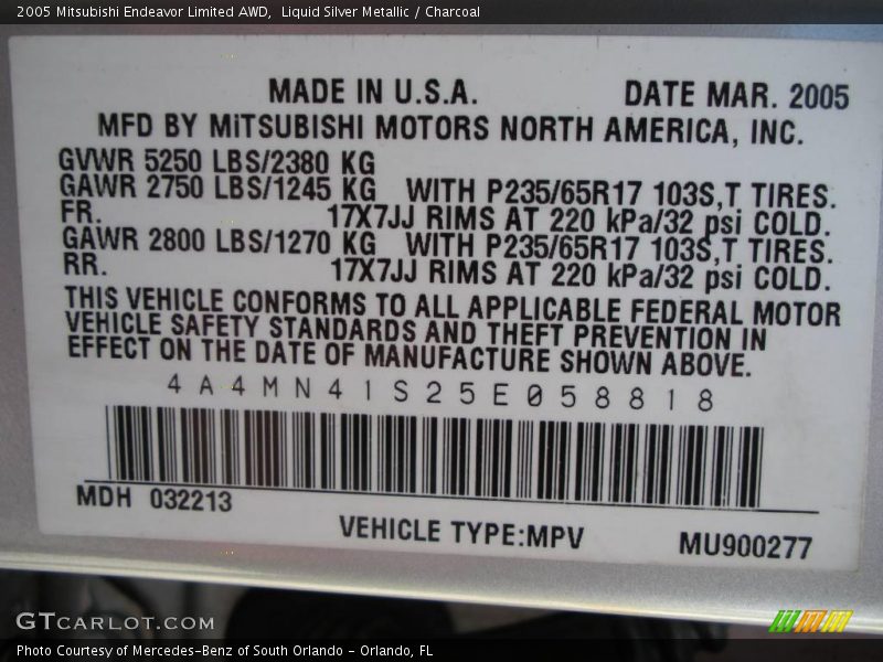 Liquid Silver Metallic / Charcoal 2005 Mitsubishi Endeavor Limited AWD