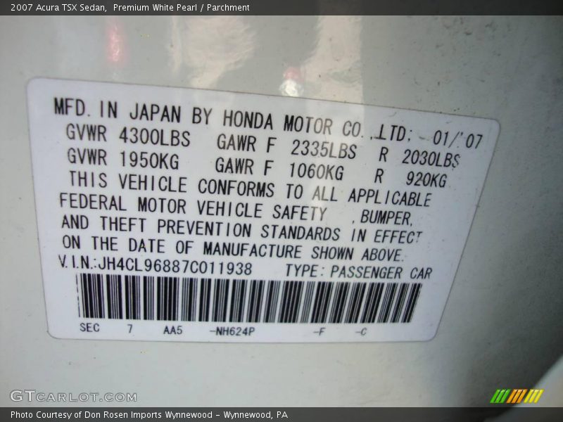 Premium White Pearl / Parchment 2007 Acura TSX Sedan