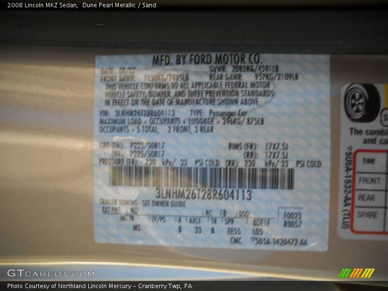 Dune Pearl Metallic / Sand 2008 Lincoln MKZ Sedan