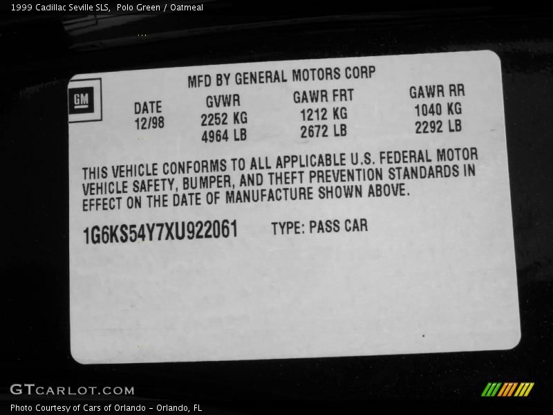 Polo Green / Oatmeal 1999 Cadillac Seville SLS