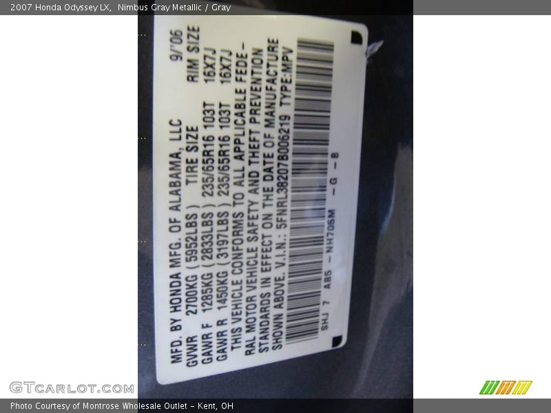 Nimbus Gray Metallic / Gray 2007 Honda Odyssey LX