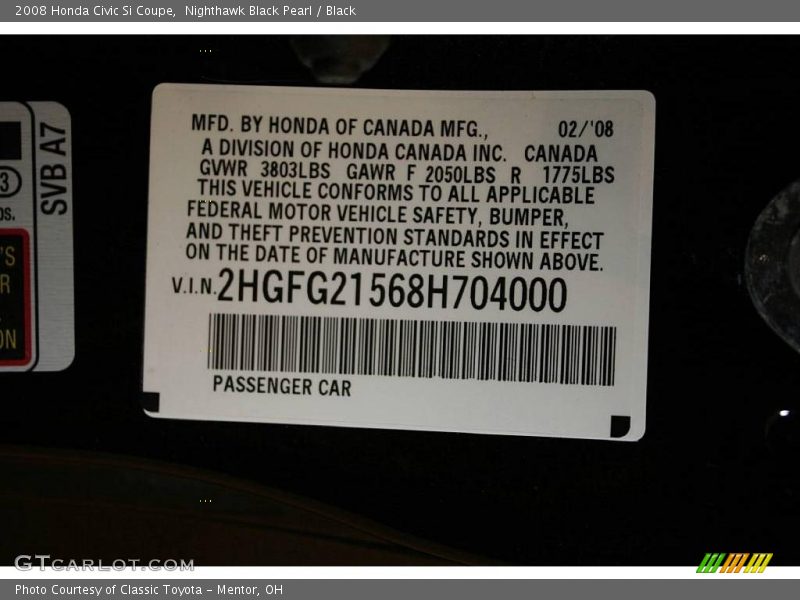 Nighthawk Black Pearl / Black 2008 Honda Civic Si Coupe