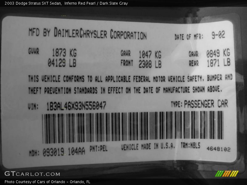 Inferno Red Pearl / Dark Slate Gray 2003 Dodge Stratus SXT Sedan