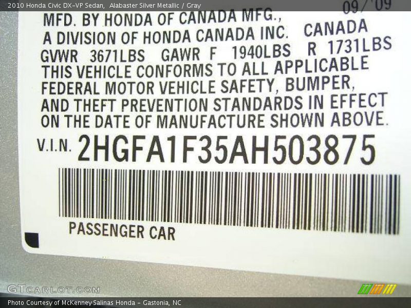 Alabaster Silver Metallic / Gray 2010 Honda Civic DX-VP Sedan