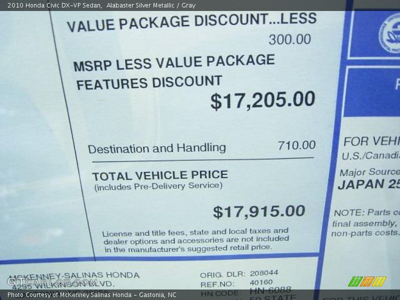 Alabaster Silver Metallic / Gray 2010 Honda Civic DX-VP Sedan