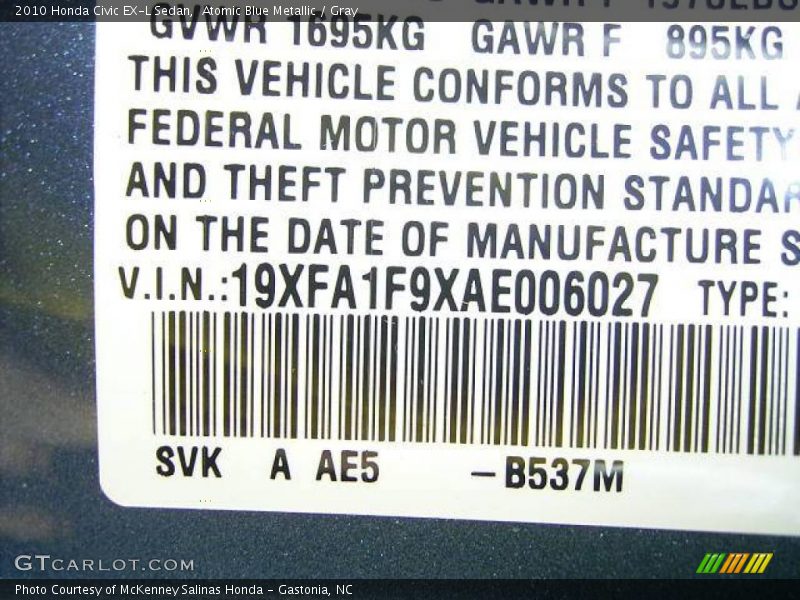 Atomic Blue Metallic / Gray 2010 Honda Civic EX-L Sedan