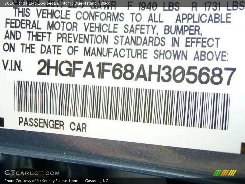 Atomic Blue Metallic / Black 2010 Honda Civic LX-S Sedan