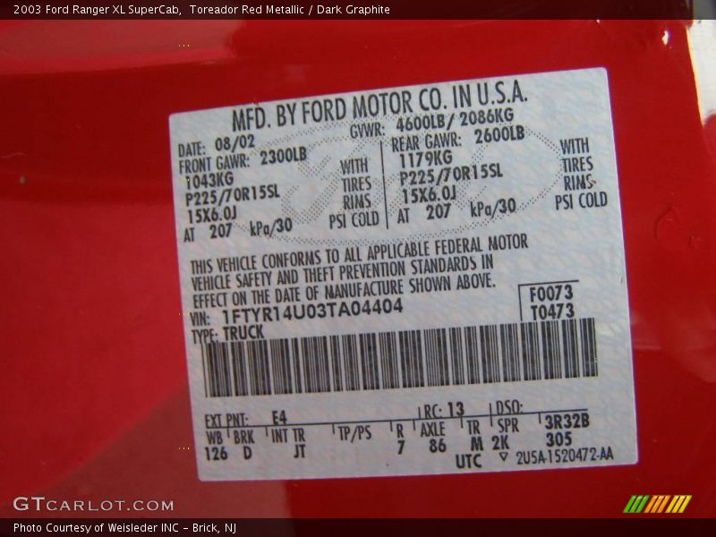 Toreador Red Metallic / Dark Graphite 2003 Ford Ranger XL SuperCab