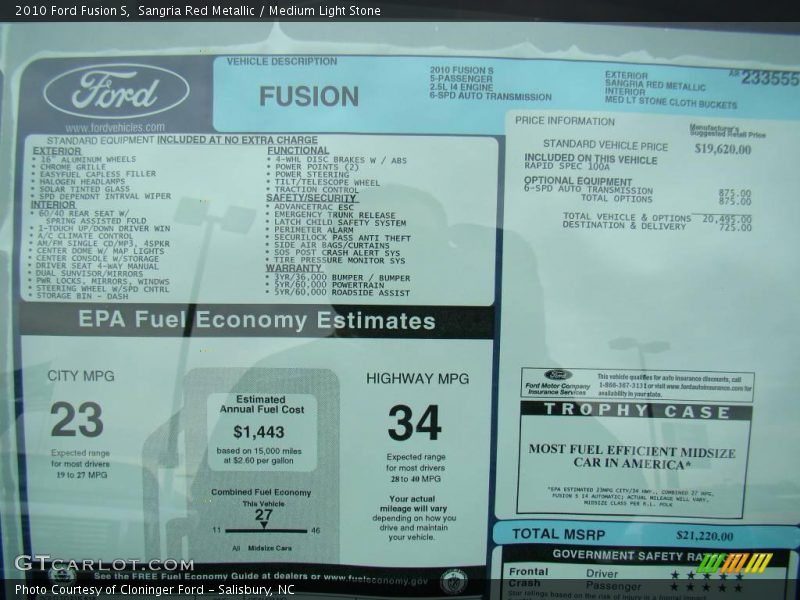 Sangria Red Metallic / Medium Light Stone 2010 Ford Fusion S
