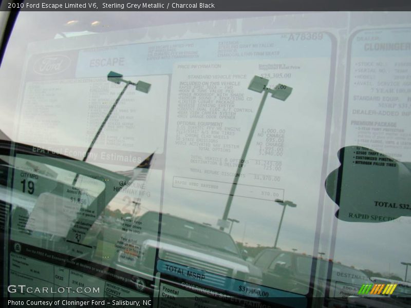 Sterling Grey Metallic / Charcoal Black 2010 Ford Escape Limited V6