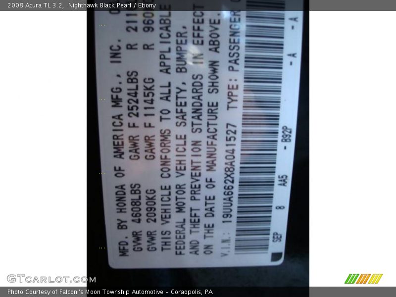 Nighthawk Black Pearl / Ebony 2008 Acura TL 3.2