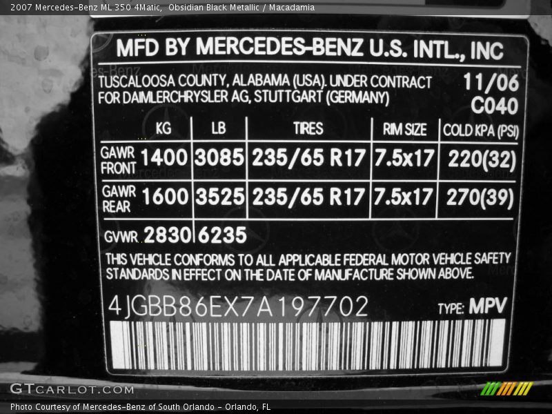 Obsidian Black Metallic / Macadamia 2007 Mercedes-Benz ML 350 4Matic