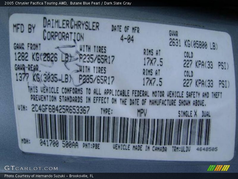 Butane Blue Pearl / Dark Slate Gray 2005 Chrysler Pacifica Touring AWD