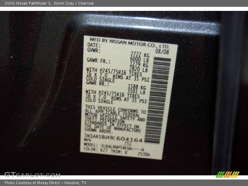 Storm Gray / Charcoal 2009 Nissan Pathfinder S