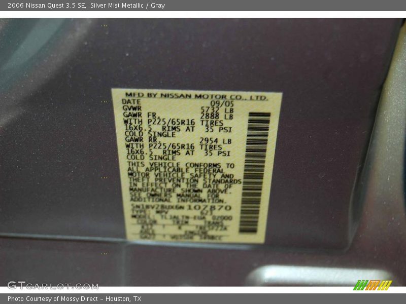 Silver Mist Metallic / Gray 2006 Nissan Quest 3.5 SE