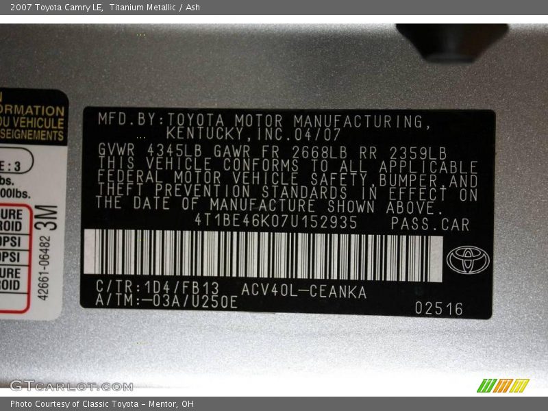 Titanium Metallic / Ash 2007 Toyota Camry LE