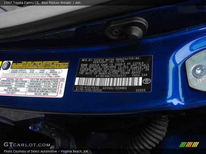 Blue Ribbon Metallic / Ash 2007 Toyota Camry CE