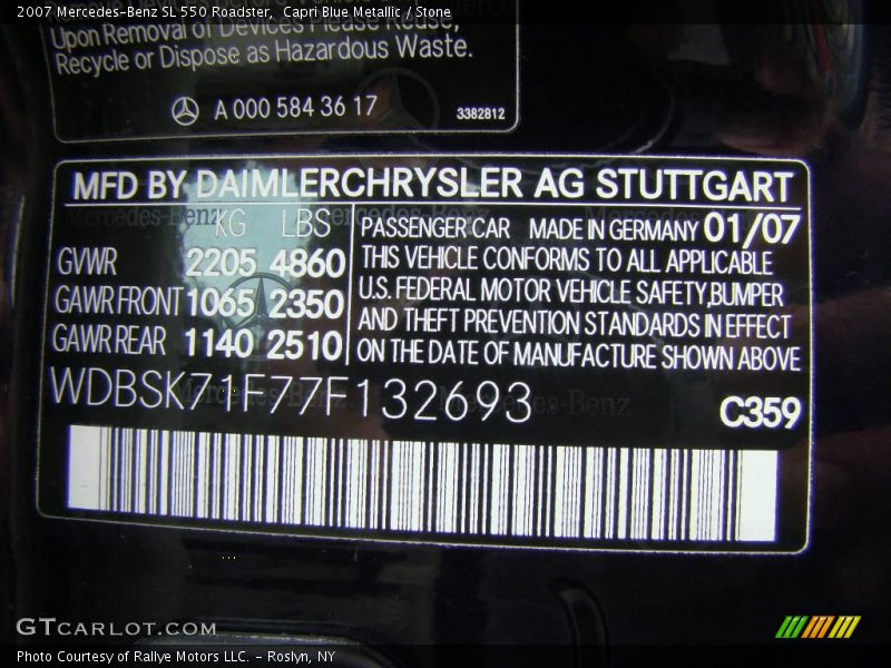 Capri Blue Metallic / Stone 2007 Mercedes-Benz SL 550 Roadster