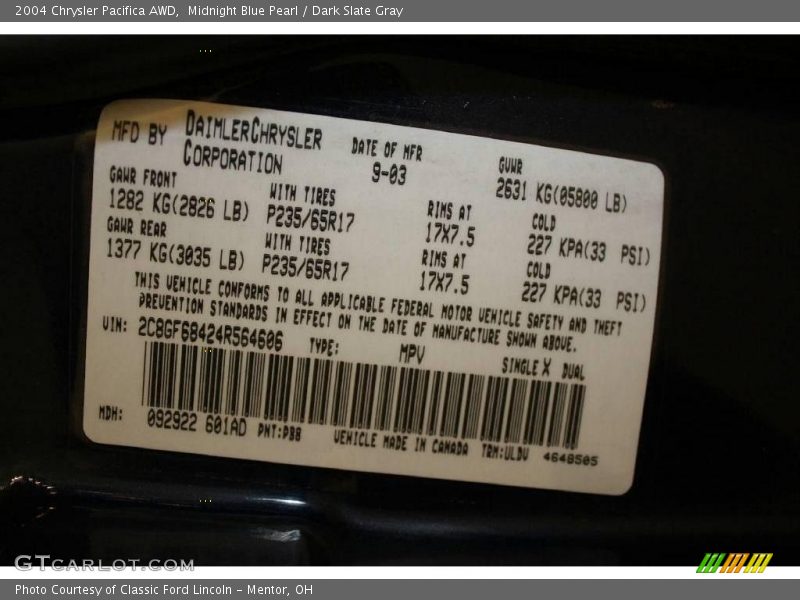 Midnight Blue Pearl / Dark Slate Gray 2004 Chrysler Pacifica AWD
