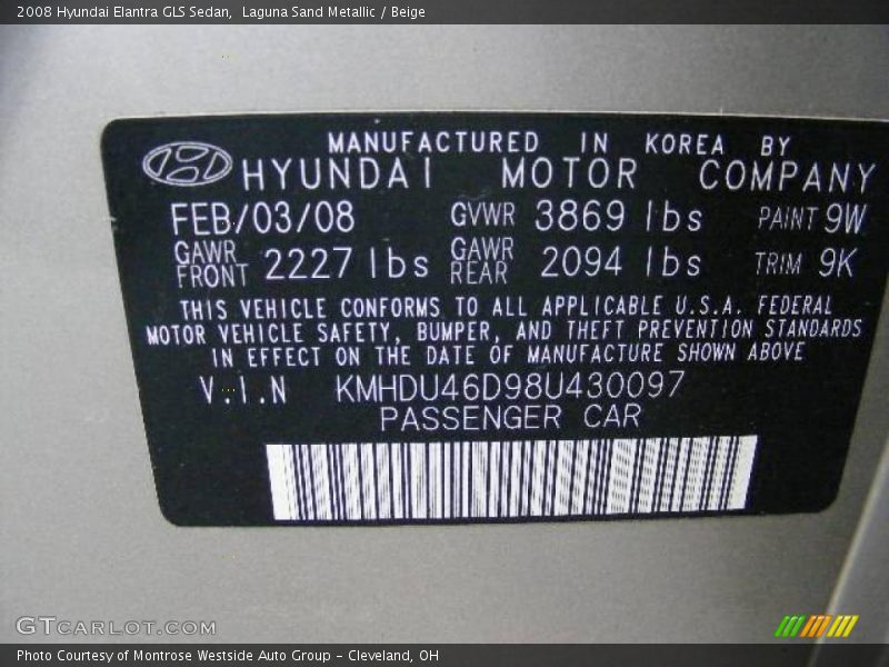 Laguna Sand Metallic / Beige 2008 Hyundai Elantra GLS Sedan