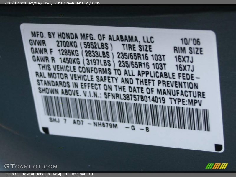 Slate Green Metallic / Gray 2007 Honda Odyssey EX-L