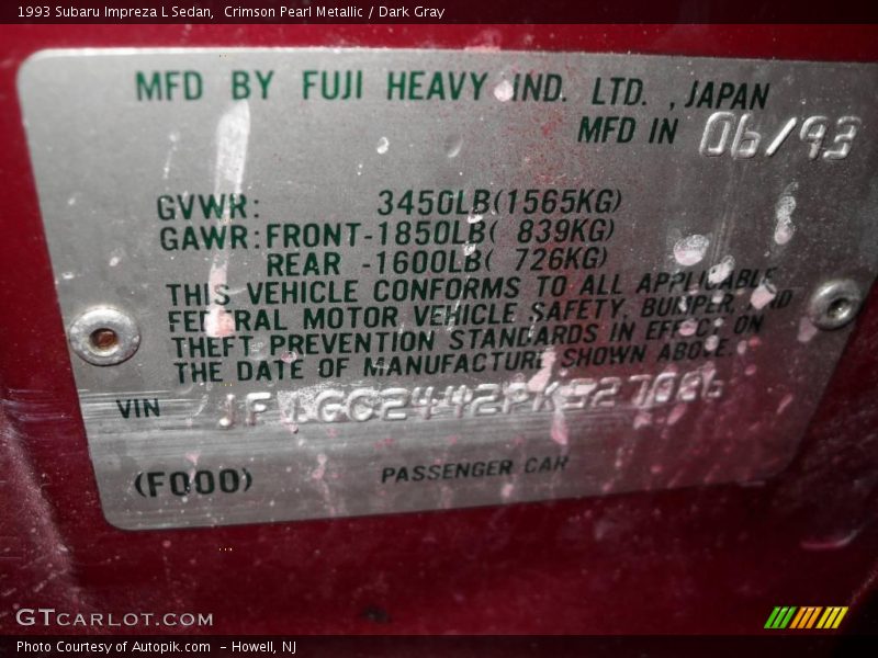 Crimson Pearl Metallic / Dark Gray 1993 Subaru Impreza L Sedan