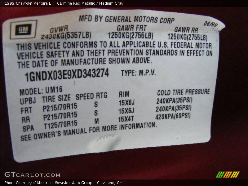 Carmine Red Metallic / Medium Gray 1999 Chevrolet Venture LT