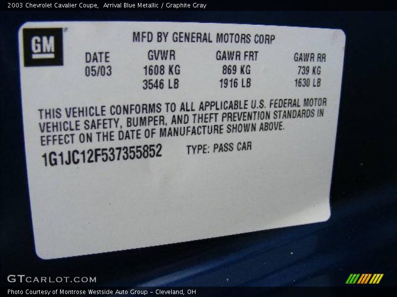Arrival Blue Metallic / Graphite Gray 2003 Chevrolet Cavalier Coupe