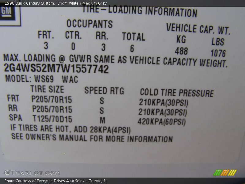 Bright White / Medium Gray 1998 Buick Century Custom