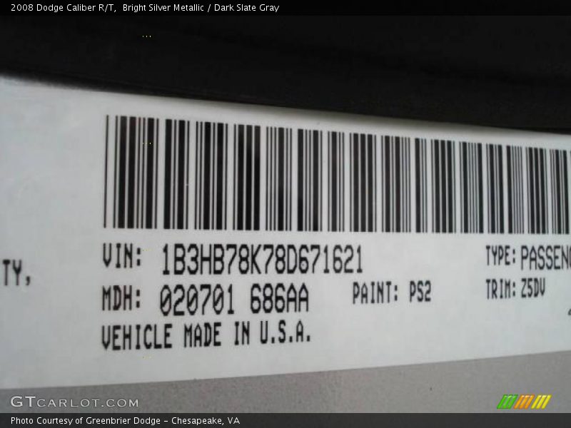 Bright Silver Metallic / Dark Slate Gray 2008 Dodge Caliber R/T